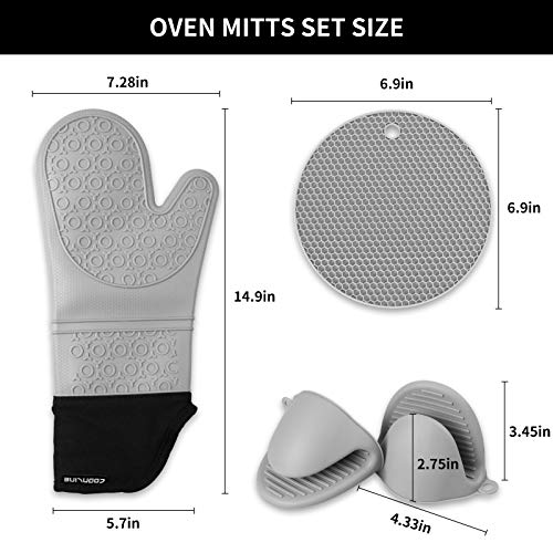 6 Pack Silicone Oven Mitts and Pot Holders Set - Extra Long Oven Mitts 480℉Heat Resistant Non-Slip Oven Mitts for Kitchen Baking Cooking,Gray