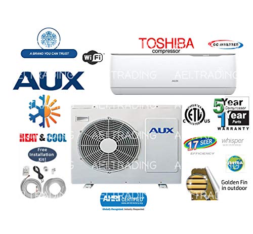 Aux- Air Conditioner Inverter+ Ductless Wall Mount Mini Split System Air Conditioner & Heat Pump Full Set, 12000 BTU 115V with WiFi