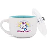 Silver Buffalo Sanrio Hello Kitty Rainbow Clouds Ceramic Soup Mug With Vented Lid For Ice Cream, Cereal, Beverages | Holds 24 Ounces
