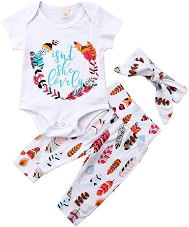 Newborn Baby Girls Floral Heart Peach Print Romper Long Pants with Bowknot Headband Outfit Set (0-3 Months, Short Sleeve(White))