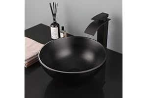 KECTIAKL Bathroom Vessel Sink 13 Inch Black Ceramic Sink with Mixer Tap,Above Counter Round Bathroom Sink Bowl with Waterfall Faucet and Pop-Up Drain Combo