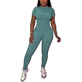 HBQ Women Two Piece Outfits Workout Sets Ribbed Casual Jogging Suits Short Sleeve Tracksuits