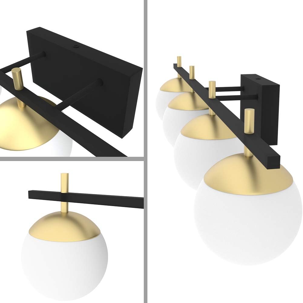 Ralbay Mid Century Modern Wall Light Fixture 4-Light Milky Glass Modern Bathroom Vanity Lights Over Mirror, Black/Golden Modern Vanity Light for Bathroom (Exclude Bulb) - - 