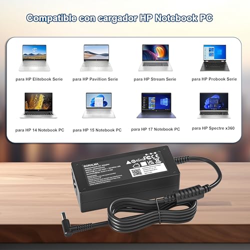 RORALMA 65W Cargador para HP EliteBook 840 850 845 830 820 G9 G8 G7 G6 G5 G4 G3, Adaptador ProBook 640 650 450 430 440 446 455 470 745 735 725 755
