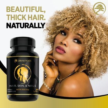 Hair Skin and Nails Supplement | All Natural Multivitamin, 3000mg Biotin For Luscious Thick Hair, Stong Nails and Beautiful, Clear Skin | | Gluten Free Made in USA by Zen Nutrition