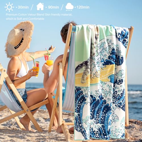 Funny Cat Beach Towel,Surfer Cat Beach Towel Battle Blue Ocean Great Wave Cotton Blend Towel Soft Absorbent for Kids Men Women Camping Towel for Gym, Hiking, Pool, Bath, Yoga,Travel Vacation