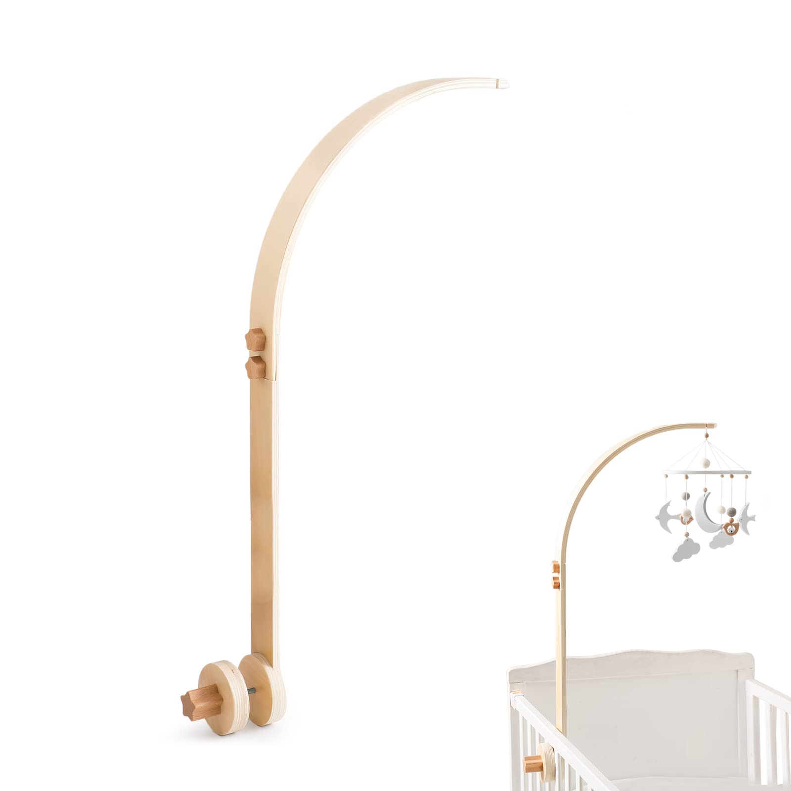 Photo 1 of Wooden Crib Mobile Arm | Baby Crib Mobile Arm Wooden Holder | Rotatable Adjustable Anti Slip Attachment Clamp for Sturdy Mobile Hanger (Curved Arm)