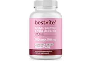 BESTVITE Acetyl L-Carnitine 500mg & Alpha Lipoic Acid 200mg per Capsule with Biotin (120 Vegetarian Capsules) - No Stearates - Vegan - Non GMO - Gluten Free