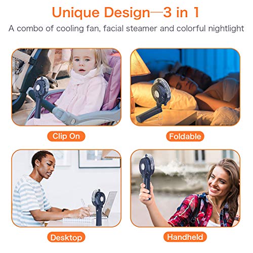 COMLIFE Handheld Misting Fan Portable Fan Facial Steamer-Rechargeable Battery Operated Fan, Foldable Travel Fan with Cooling Humidifier and Colorful Nightlight for Camping, Hiking, Outdoor (Blue)