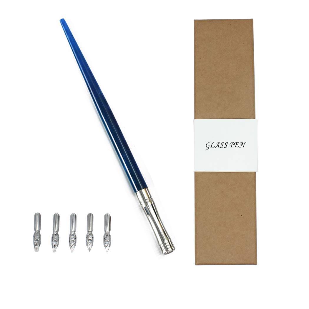 Hillento Resin Calligraphy Nib Pen Point Holder, Oblique English Calligraphy Pen Nib Holder with 5 Flat Nibs, Blue
