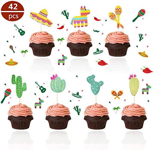 【Set of 42】- Mexican Fiesta Cupcake Toppers, Mexican Custom Pattern Cupcake Picks, Mexican Fiesta Party Cake Decoration for Mexican Themed Cactus Donkey Taco Pepper Sombrero Mustache Party Decorations