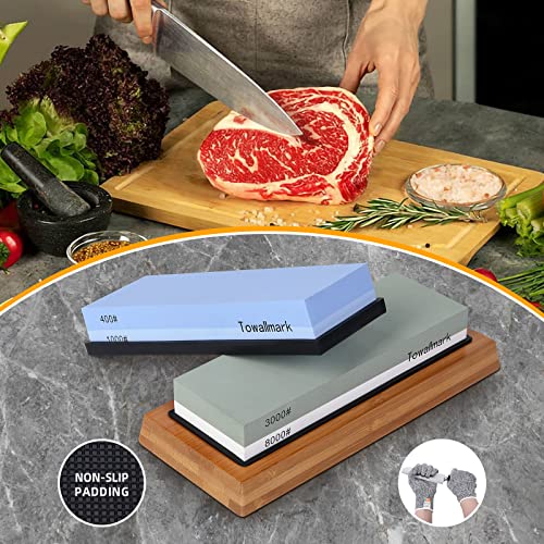 Towallmark Knife Sharpening Stone Kit 4 Side Grit 400/1000 3000/8000, 9 Pack Professional Complete Kitchen Whetstone Set with Anti-Cut Gloves, Flattening Stone