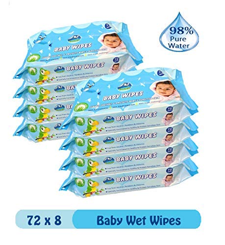 Glider Baby Wet Wipes with Aloe Vera and Vitamin E - 72 Wipes/Pack, (Pack of 8)
