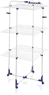 Leifheit Turmtrockner Classic Tower 340 mit Rollen, 34m Leinenlänge für 3-4 Waschmaschinenladungen, platzsparender Wäscheturm mit drei Ebenen, halbseitig abklappbarer Turmwäscheständer für die Dusche