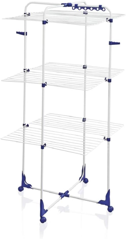 Leifheit Turmtrockner Classic Tower 340 mit Rollen, 34m Leinenlänge für 3-4 Waschmaschinenladungen, platzsparender Wäscheturm mit drei Ebenen, halbseitig abklappbarer Turmwäscheständer für die Dusche