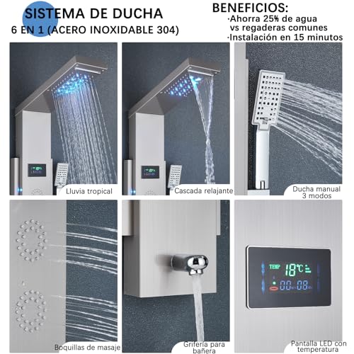 Panel de Ducha con Grifo para Bañera y Hidromasaje LED - Kit Completo en Acero Inoxidable Antical, 5 Funciones (Cabezal Fijo, Ducha de Mano, Caño), Fácil Instalación