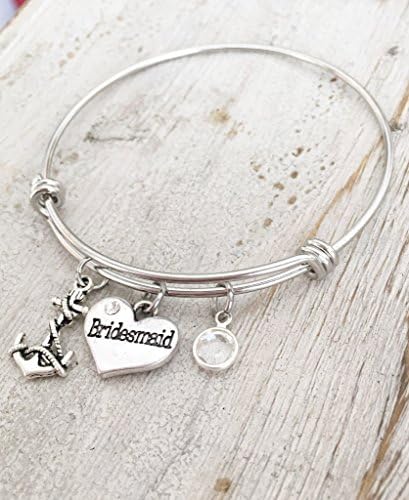 Clear Diamond April Birthday Bridesmaid Bangle Bracelet with Anchor Wedding Gift