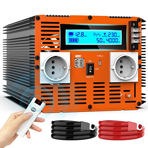Inverter 12 V 220 V Pure Wave 4000 W Power Inverter 12 V to 220 V Power Converter with Remote Control & Dual AC Sockets & 2 x USB & Type-C Port for Car Camper