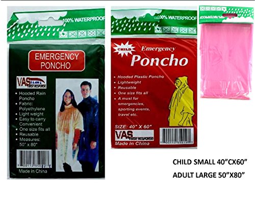 VAS CASE BULK PACK - 200 EMERGENCY RAIN PONCHOS - WITH SLEEVES & HOOD (ADULT & CHILD, MULTIPLE COLORS TO CHOOSE FROM) (Small, PINK)