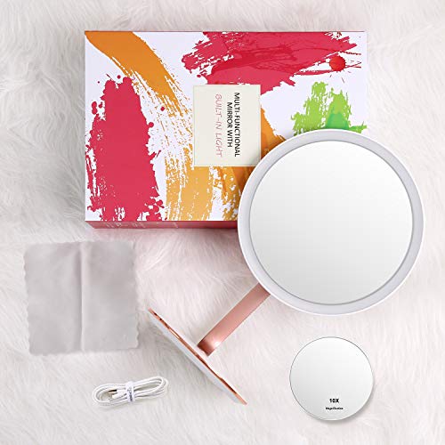 EASEHOLD Makeup Vanity Mirror Rechargeable with 3 Colors 52 LEDs Lights Smart Touch Sensor Dimmable 1X/10X Magnifying Cosmetic Beauty High Definition Circle Portable Countertop Desk Face Mirror