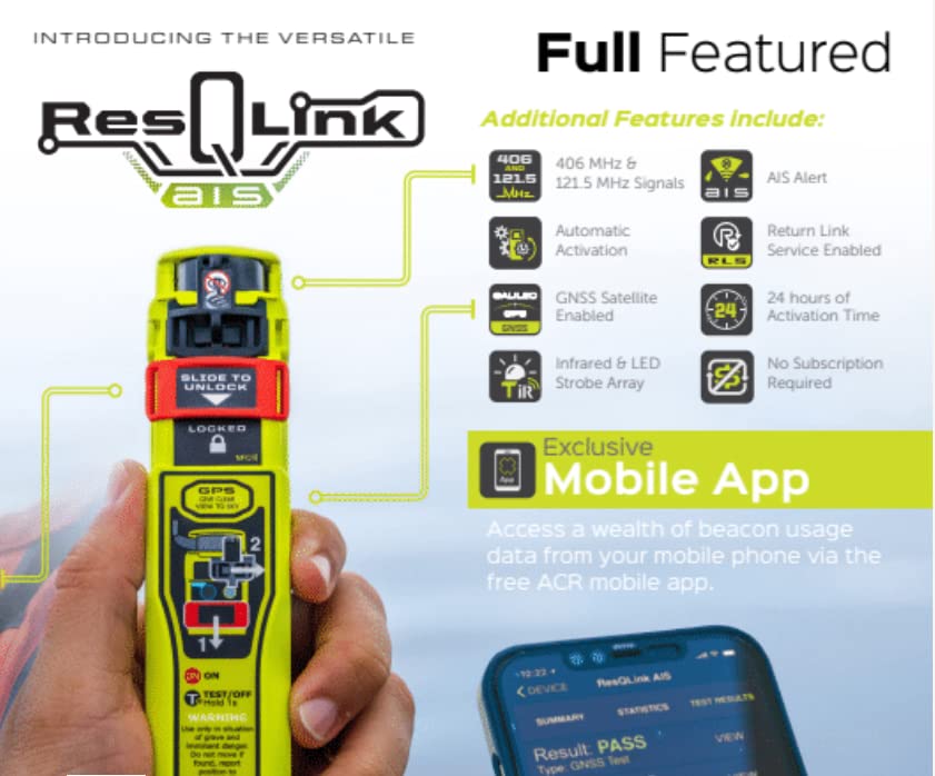 ACR RESQLINK AIS Personal Locator Beacon - SOS, GPS, Return Link Service, Mobile App and Accessory Clips (Model PLB-450) - Alert Local AIS & Global Satellite Emergency Signaling for Search & Rescue