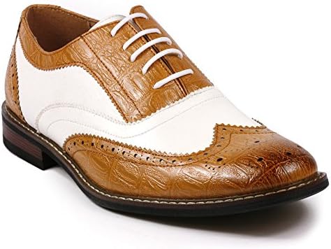Parrazo Men's Two Tone Wing Tip Perforated Lace Up Oxford Dress Shoes (8.5, Tan Brown / White)