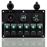 FXC Waterproof Marine Boat Rocker Switch Panel 6 Gang with Dual USB Slot Socket + Cigarette Lighter + Digital Voltage Display LED Light for Car Rv Vehicles Truck (6 Gang Green Light)