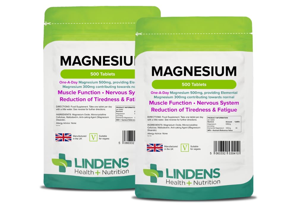 Lindens Magnesium Tablets 500mg, 1000 Tablets - Reduces Tiredness & Fatigue, Supports Metabolism, Muscle Function, Nervous System, Bones & Teeth - UK Made