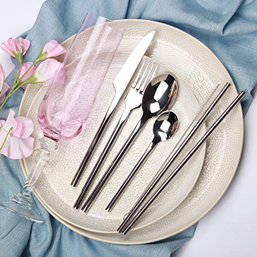 BLUE JAR HOME Cutlery Set, 19-Piece Stainless Steel Flatware Set Service for 4, Tableware Silverware with Spoon, Knife, Fork, Straws and Cleaning Brush, Mirror Polished and Dishwasher Safe
