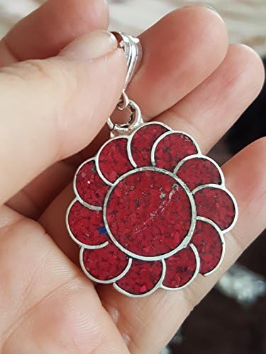 Tibetan Coral Sun Flower Antique Sterling Silver 925 Pendant Free Cord Necklace 18"