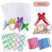 Jatidne 100 Pieces Clear Cellophane Bags for Candy Cookies Party Bags with Ribbons Bows Stickers and Ties Party Supplies 6.7in*9.8in