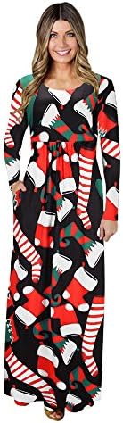 Kaitobe Womens Bohemian Long Sleeve Maxi Dress Santa Christmas Print High Waist Cocktail Party Prom Long Evening Dress