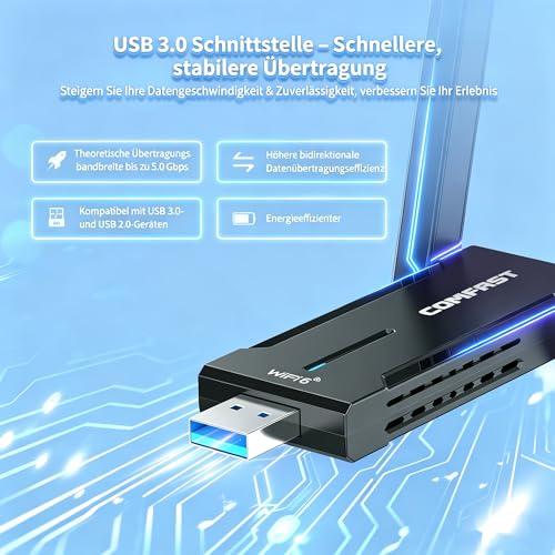 COMFAST WLAN Stick USB WLAN Adapter 5400 Mbit/s WiFi6 Tri-Band USB 3.0 WiFi Dongle with High-Gain Dual Antennas, OFDMA/MU-MIMO, WPA3, for Win10/11, Driverless, Quick Installation