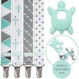 Liname Pacifier Clip for Boys with Bonus Teething Toy - 4 Pack Gift Packaging - Premium Quality & Unique Design - Pacifier Clips Fit All Pacifiers & Soothers - Perfect Baby Gift