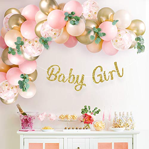 Sweet Baby Co. Baby Shower Decorations For Girl With Pink Balloon Arch Garland Kit, Baby Girl Banner Decor, Eucalyptus Boho Greenery Vine, Light Pink, Peach Blush, Gold, Confetti Balloons