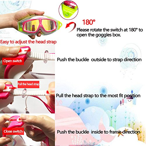 Spinosaurus Kids Swim Goggles(Age 3-15 Years), Fashionable, Anti-Fog,UV Protection, No Leaking, Coated Lens,with case and earplugs, HD Swim Goggles for Kids Youth and Teenagers (Pink White)...
