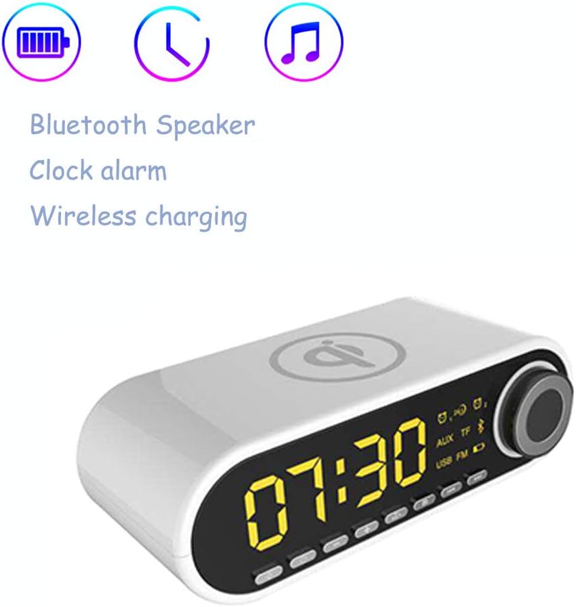 WFGT QI Wireless Charging Alarm Clock Radio Bluetooth Speaker Mains Powered Alarm Dimmable Display with Qi Wireless Charger and Thermometer for iPhone Samsung,White