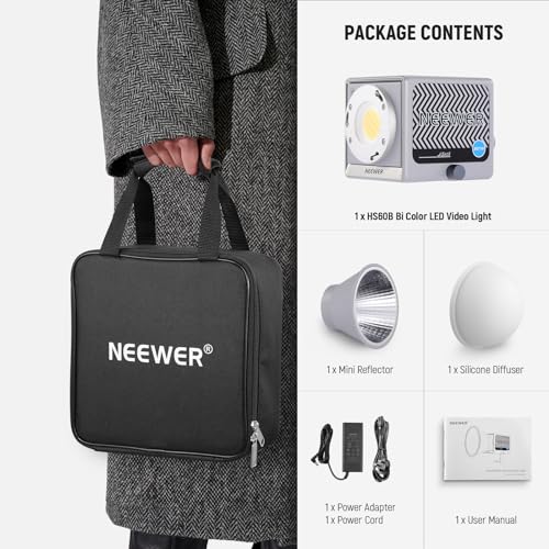 NEEWER HS60B Mini Video Light with App Control, 60W Handheld Portable Bi Color COB LED Continuous Output Lighting with 35000lux/1m 2700-6500K 0-100% PWM Dimming CRI/TLCI 97+ 12 Scenes USB Type C