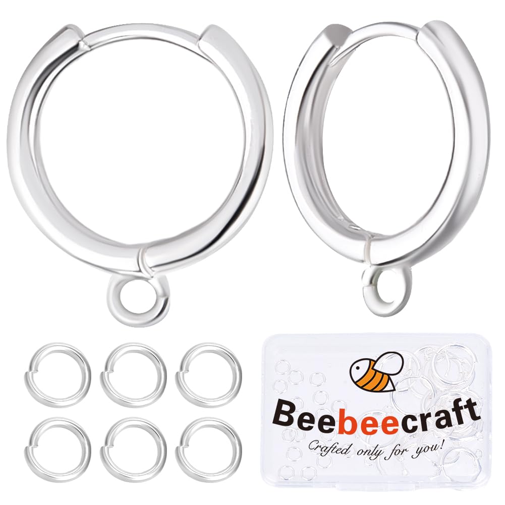 Beebeecraft 1 Box 20Pcs Hoop Huggie Earring Hooks 925 Sterling Silver Plated Brass French Hoops Round Leverback Earring Findings with Open Jump Rings for Jewelry Making Supplies DIY Crafts