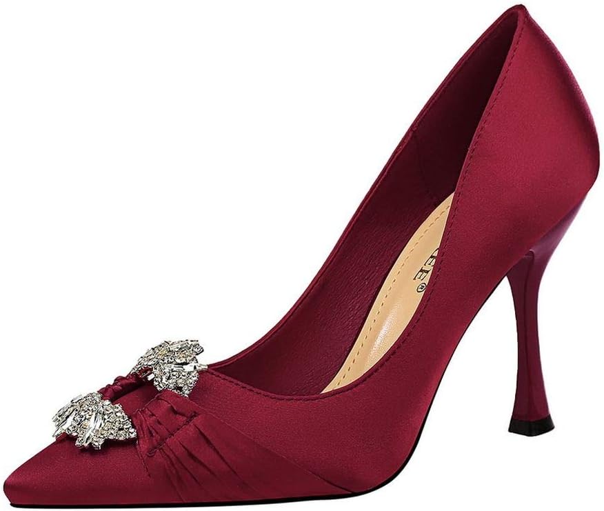 Womens European Fashion Elegance Party Pointed Heeled Pumps Satin Crystal Metal Buckle Thin High Heels Wedding Shoes