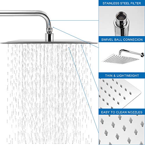 Logmey LM0012S-B Solid Square Ultra Thin 304 Stainless Steel 12 Inch Adjustable Rain Shower Head, Chrome Finish (Chrome 12 inch)
