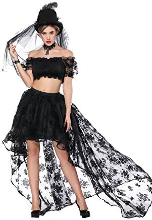 Skirts Women’s Floral Lace High Low Layered Elastic Pleated Waist Gothic Skirt Party