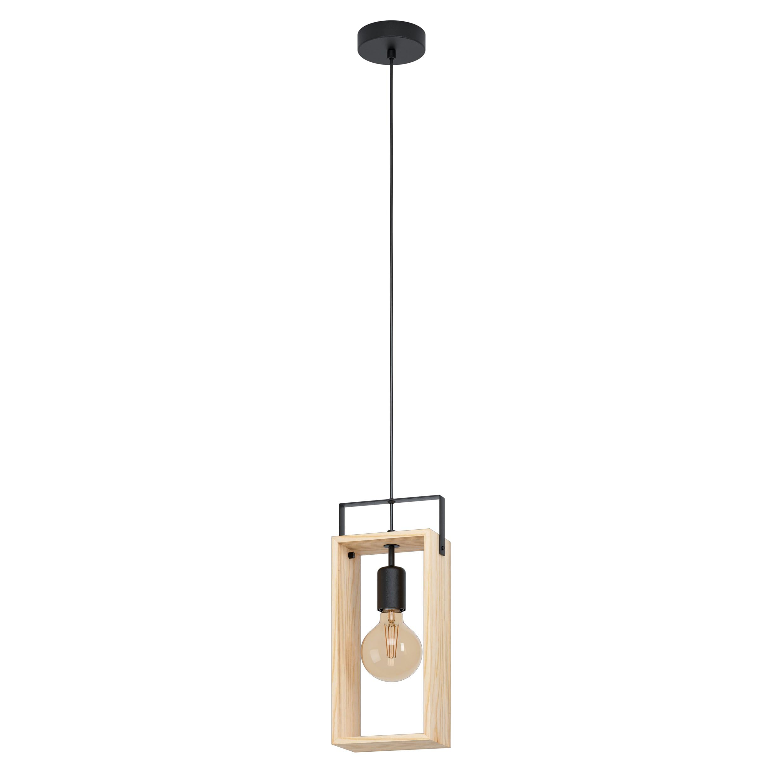 EGLO Famborough Pendant Light, 1-Bulb Pendant Lamp, Vintage, Industrial, Scandinavian, Steel Pendant Light in Black and Natural Wood, Dining Table Lamp, Living Room Lamp Hanging with E27 Socket
