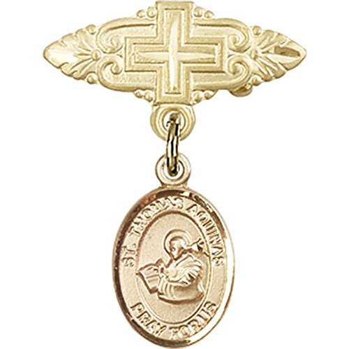 14kt Yellow Gold Baby Badge with St. Thomas Aquinas Charm and Badge Pin with Cross 1 X 3/4 inches