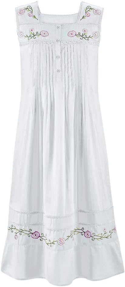 Etc Long Cotton Sleeveless Nightgown Pajama with Floral Embroidery & Pintuck Bodice