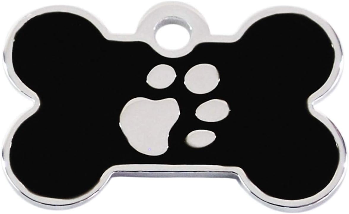 SMALL BLACK BONE TAG with SILVER PAW PRINT DESIGN. Engraved Dog / Pet ID NAME Tag. Pet Fashion. PLEASE EMAIL US WITH ENGRAVING DETAILS WHEN PLACING YOUR ORDER