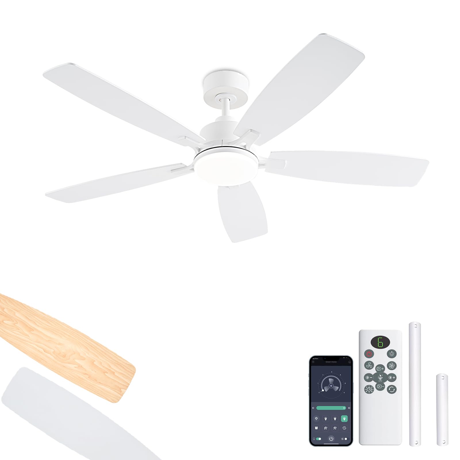 Photo 1 of NKPU White Ceiling Fans with Lights, 52 Inch Low Profile Ceiling Fan with Light and Remote/App Control, Dual-Sided Blades, Reversible, 3CCT, Dimmable, Modern Ceiling Fan for Indoor/Outdoor Patios