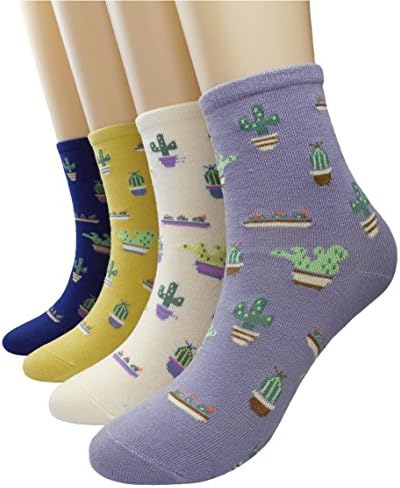BLACOCO Women's Ankle Sock Lovely Cactus Pattern Winter Fall Cotton Knit Casual Socks 4-Pack (Cactus)