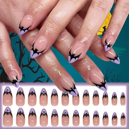 Halloween Bat Press on Nails for DIY Manicure Glossy Purple French Tips 24Pcs Acrylic Medium Almond False Nails Gel Glue on Nails Evil Bats Fake Nails Stick on Nails for Women Girls French Tips Design - Image 6