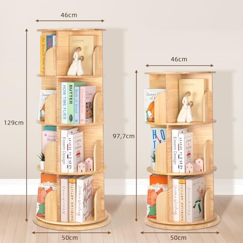OOOK Solid Wood Rotating Bookcase, 360 Degree Rotating Bookcase with 4 Tiers, Multifunctional Narrow Wood Adult Bookcase, Storage Cabinet for Living Room